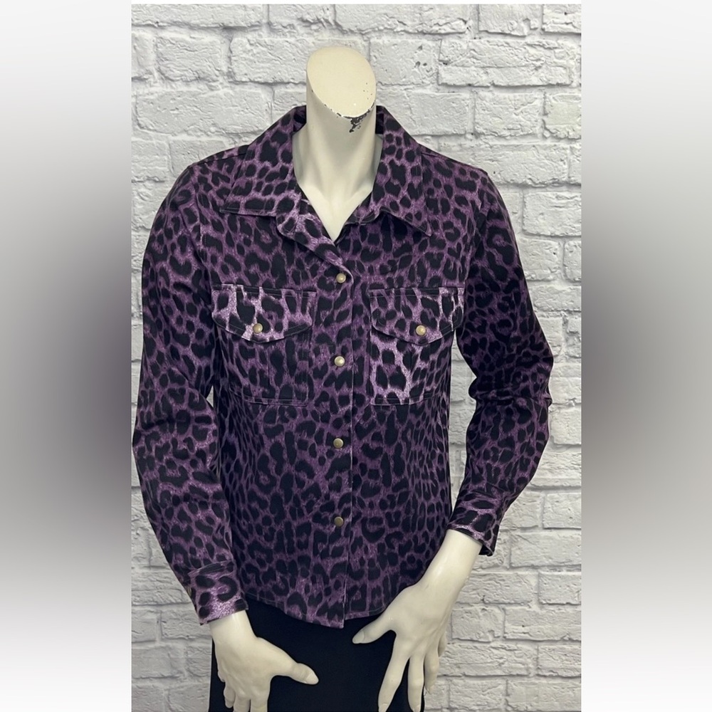 SUSAN GRAVER STYLE PURPLE & BLACK LEOPARD PRINT LONG SLEEVE JACKET SIZE XS